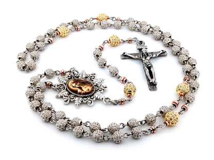 Immaculate Heart of Mary unique rosary beads platinum and 18K gold plated cubic zirconia rosary with stainless steel crucifix.