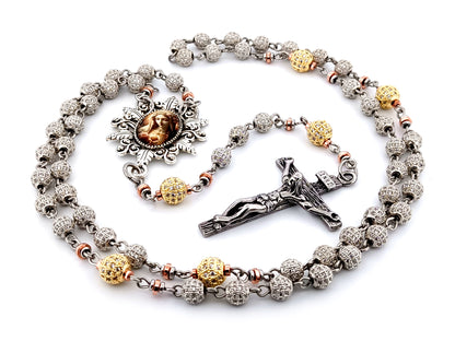 Immaculate Heart of Mary unique rosary beads platinum and 18K gold plated cubic zirconia rosary with stainless steel crucifix.