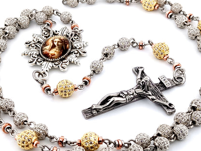 Immaculate Heart of Mary unique rosary beads platinum and 18K gold plated cubic zirconia rosary with stainless steel crucifix.