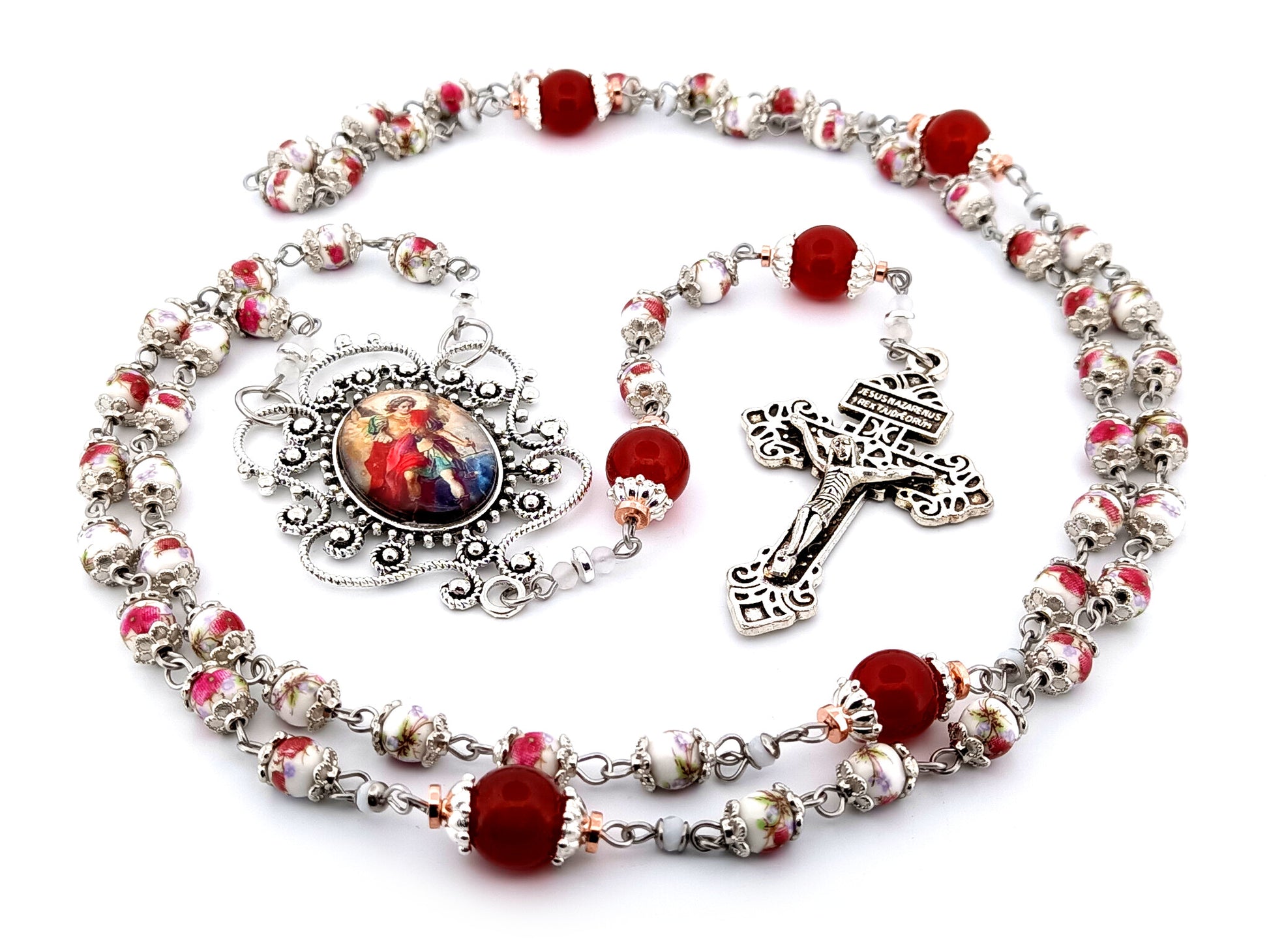 Saint Michael the Archangel unique rosary beads floral porcelain and red glass rosary with Pardon crucifix.