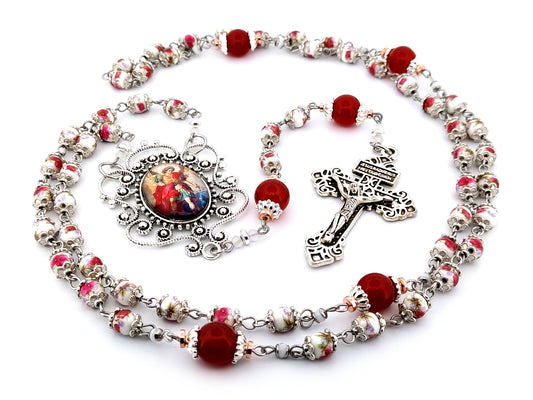 Saint Michael the Archangel unique rosary beads floral porcelain and red glass rosary with Pardon crucifix.