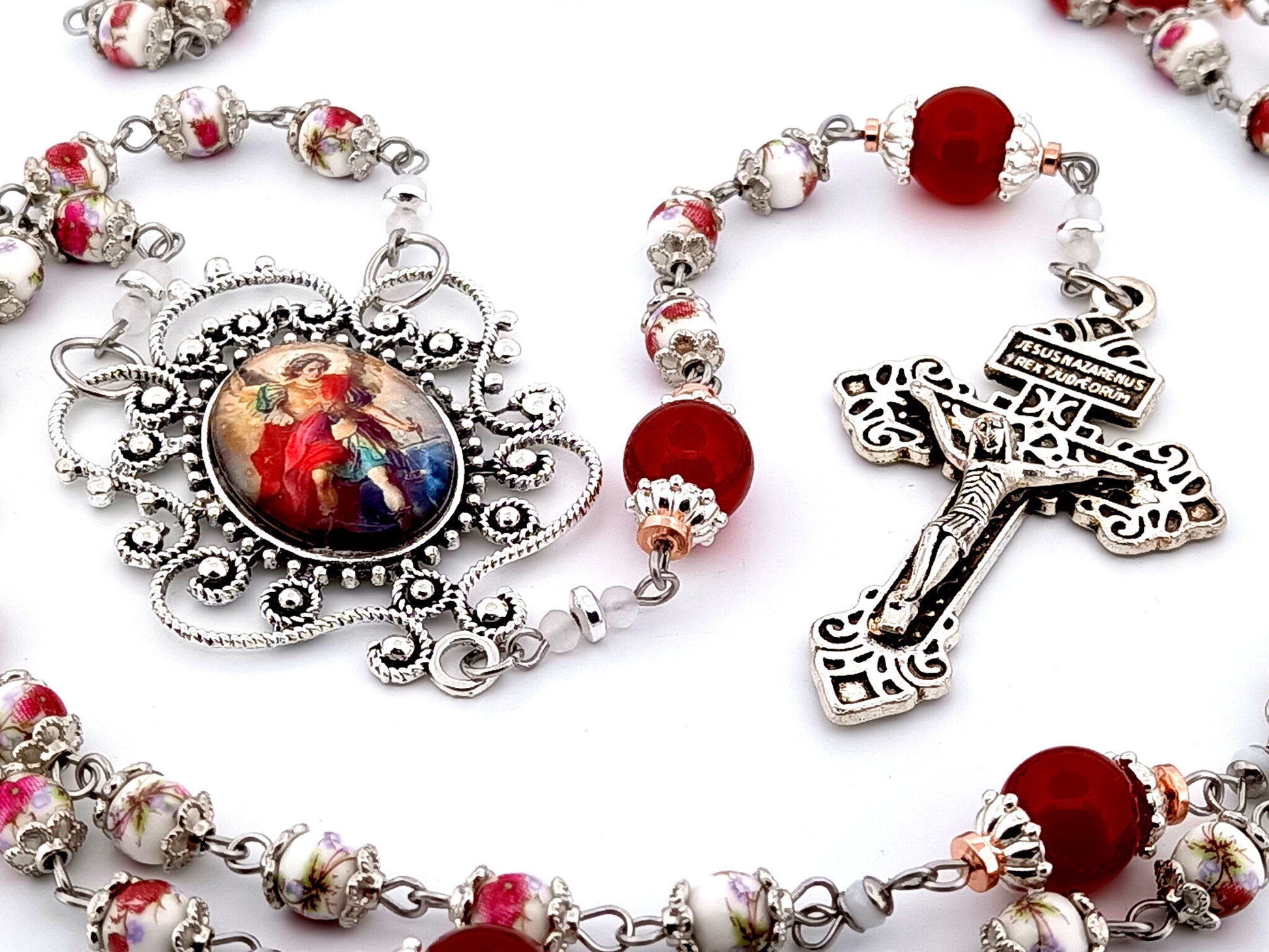 Saint Michael the Archangel unique rosary beads floral porcelain and red glass rosary with Pardon crucifix.