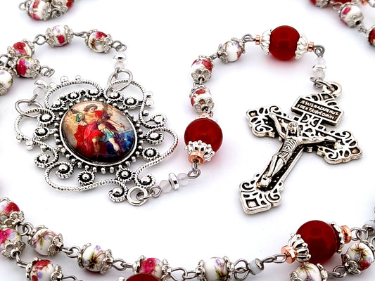 Saint Michael the Archangel unique rosary beads floral porcelain and red glass rosary with Pardon crucifix.