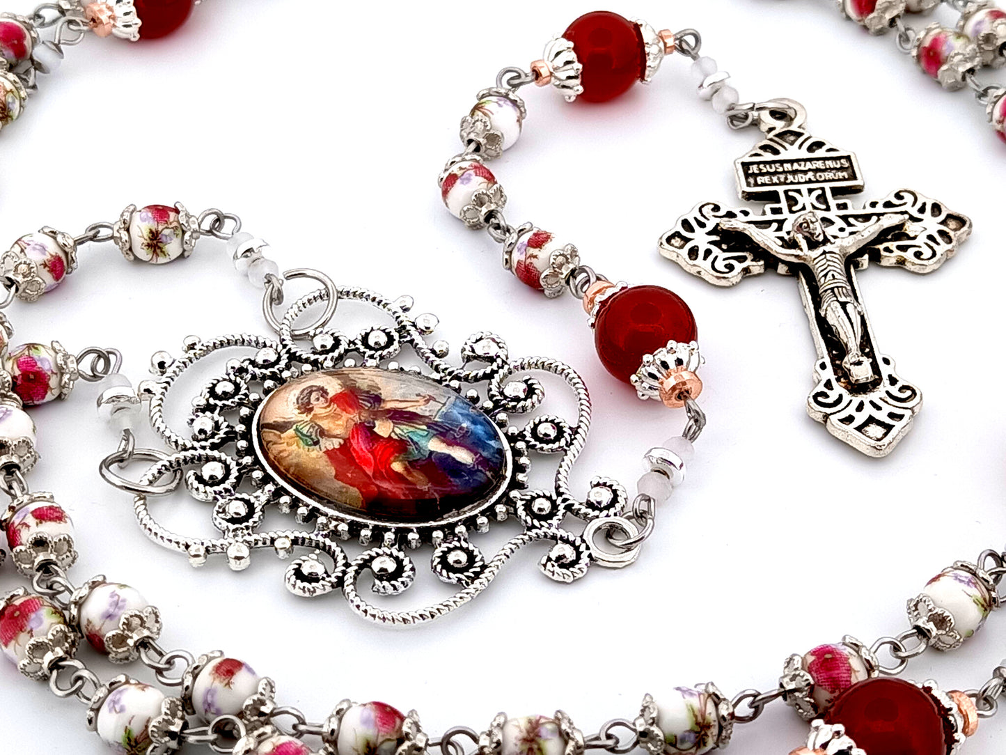 Saint Michael the Archangel unique rosary beads floral porcelain and red glass rosary with Pardon crucifix.