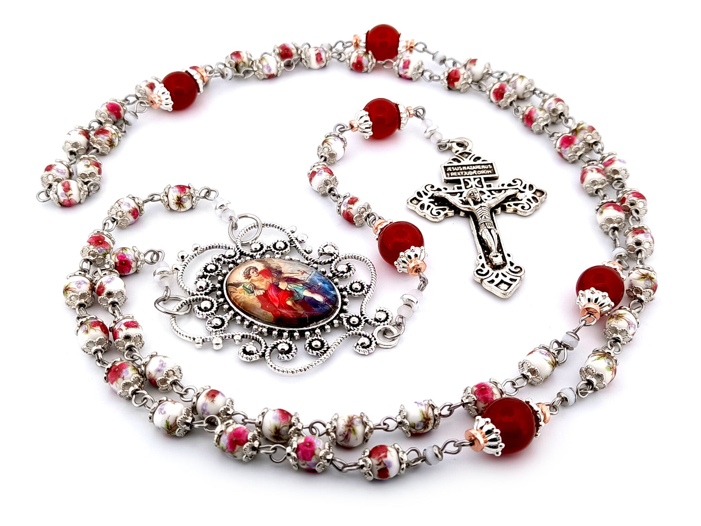 Saint Michael the Archangel unique rosary beads floral porcelain and red glass rosary with Pardon crucifix.