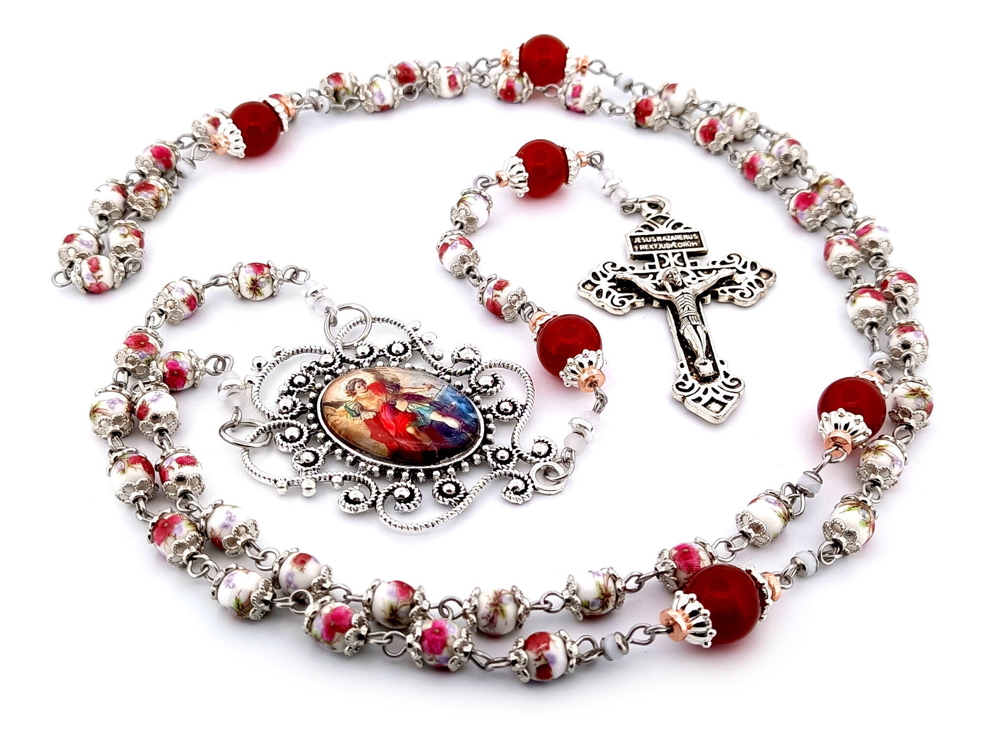 Saint Michael the Archangel unique rosary beads floral porcelain and red glass rosary with Pardon crucifix.