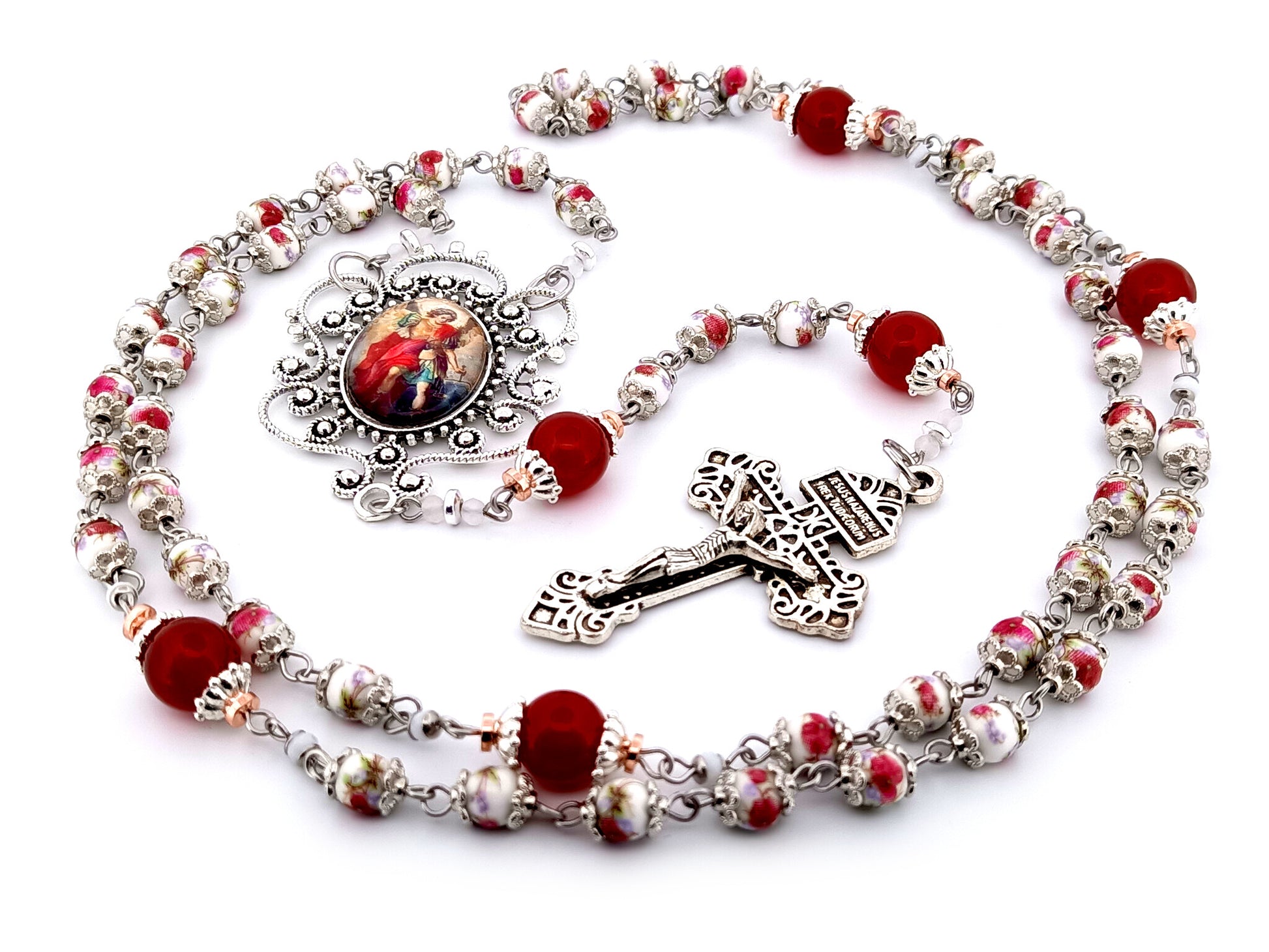 Saint Michael the Archangel unique rosary beads floral porcelain and red glass rosary with Pardon crucifix.