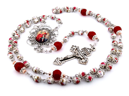 Saint Michael the Archangel unique rosary beads floral porcelain and red glass rosary with Pardon crucifix.