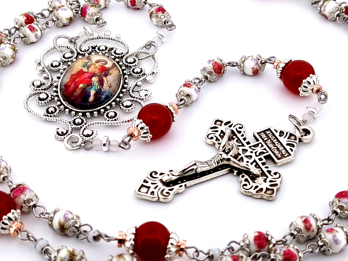 Saint Michael the Archangel unique rosary beads floral porcelain and red glass rosary with Pardon crucifix.