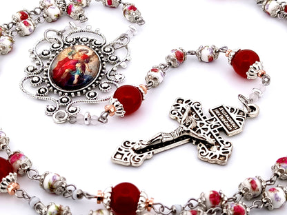 Saint Michael the Archangel unique rosary beads floral porcelain and red glass rosary with Pardon crucifix.