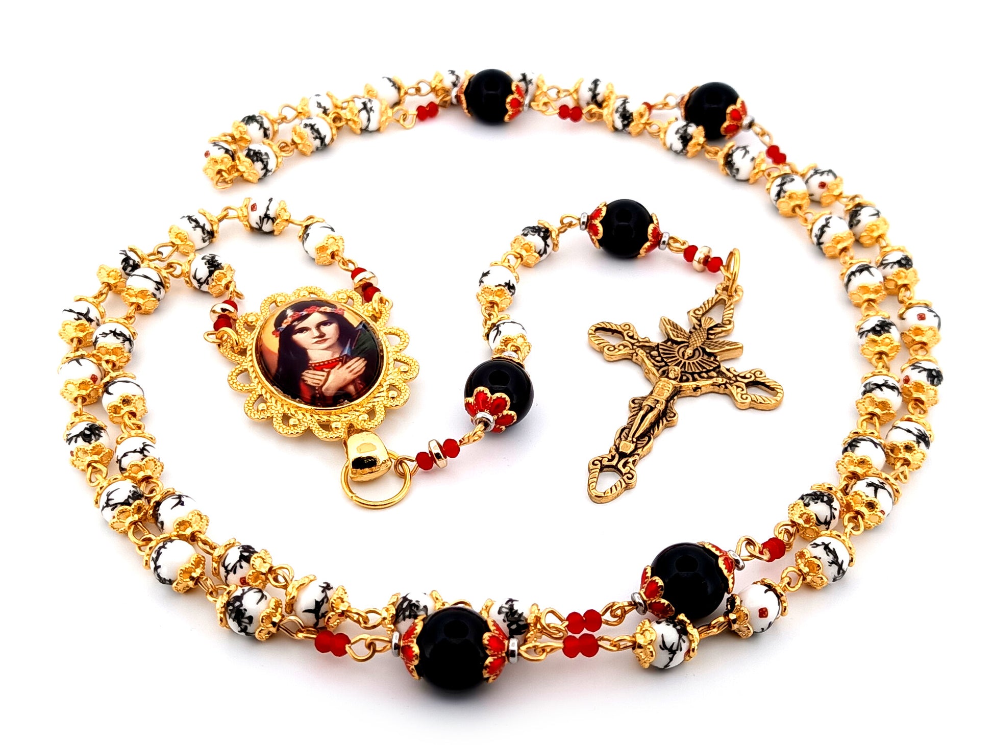 Saint Philomena unique rosary beads floral porcelain and onyx gemstone rosary with gold plated Holy Spirit crucifix.
