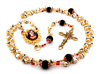 Saint Philomena unique rosary beads floral porcelain and onyx gemstone rosary with gold plated Holy Spirit crucifix.