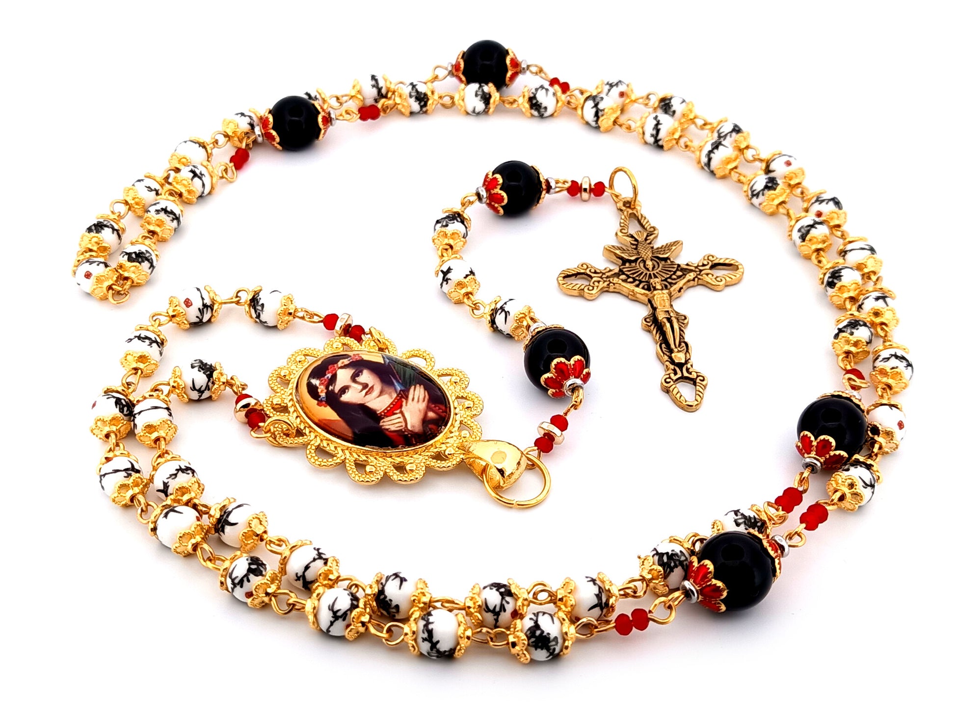 Saint Philomena unique rosary beads floral porcelain and onyx gemstone rosary with gold plated Holy Spirit crucifix.