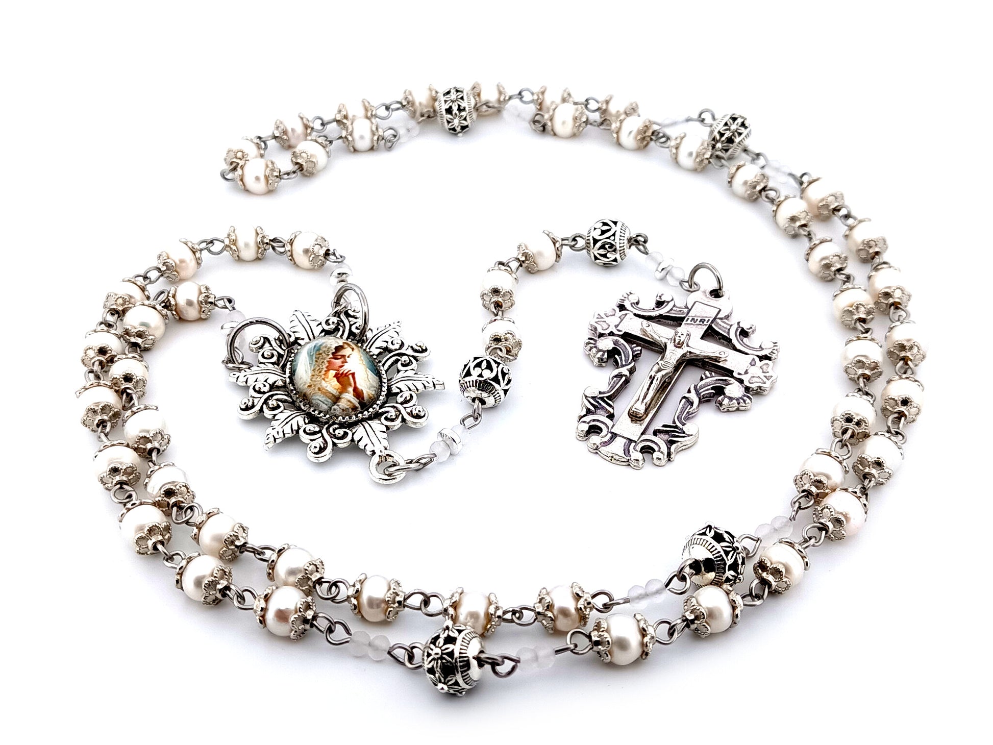 Virgin Mary bride unique rosary beads freshwater pearl and silver Bali bead rosary with filigree crucifix.