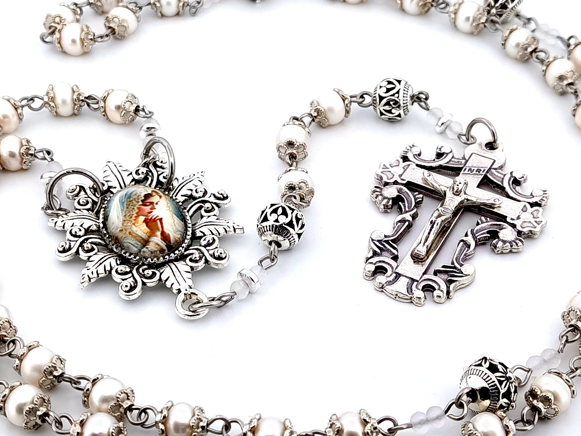 Virgin Mary bride unique rosary beads freshwater pearl and silver Bali bead rosary with filigree crucifix.
