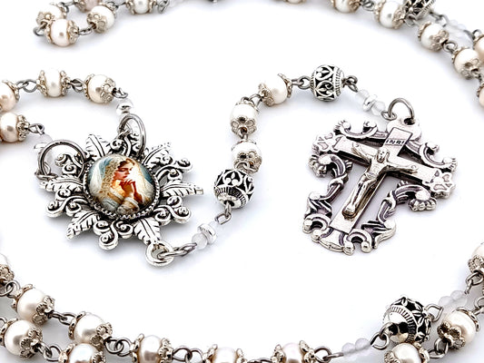 Virgin Mary bride unique rosary beads freshwater pearl and silver Bali bead rosary with filigree crucifix.
