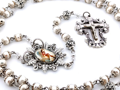 Virgin Mary bride unique rosary beads freshwater pearl and silver Bali bead rosary with filigree crucifix.