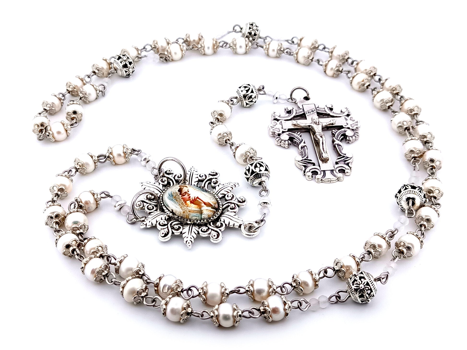 Virgin Mary bride unique rosary beads freshwater pearl and silver Bali bead rosary with filigree crucifix.