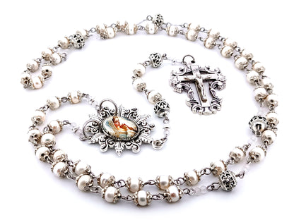 Virgin Mary bride unique rosary beads freshwater pearl and silver Bali bead rosary with filigree crucifix.