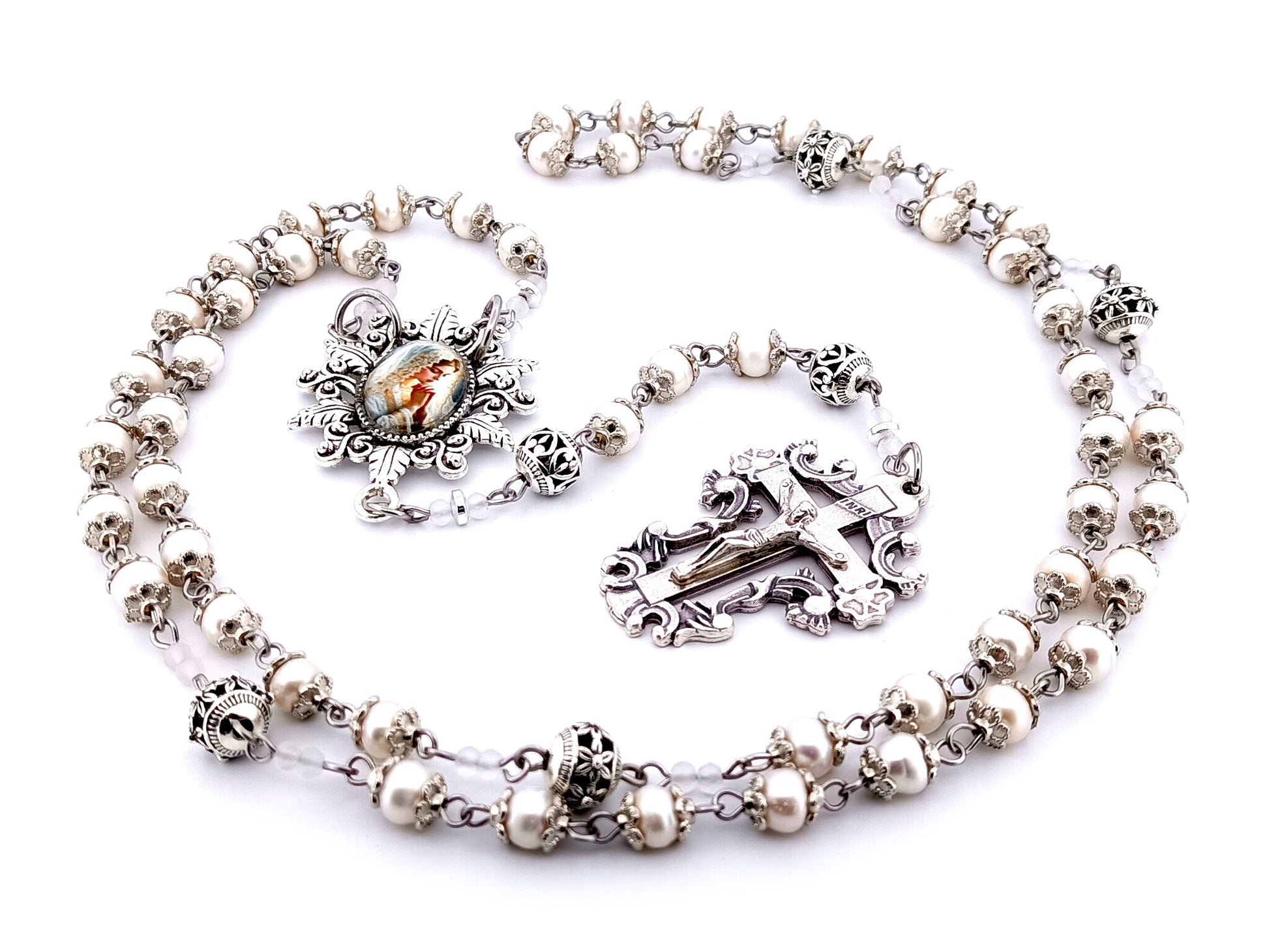 Virgin Mary bride unique rosary beads freshwater pearl and silver Bali bead rosary with filigree crucifix.