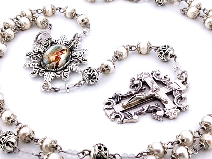Virgin Mary bride unique rosary beads freshwater pearl and silver Bali bead rosary with filigree crucifix.