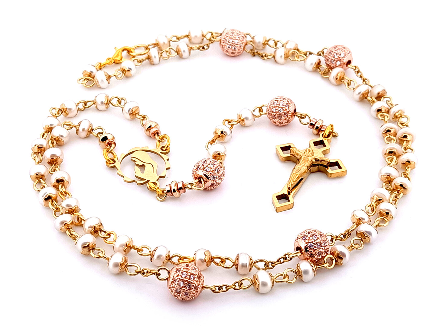 Virgin Mary unique rosary beads freshwater pearl and cubic zirconia rosary with gold plated Saint Benedict crucifix.