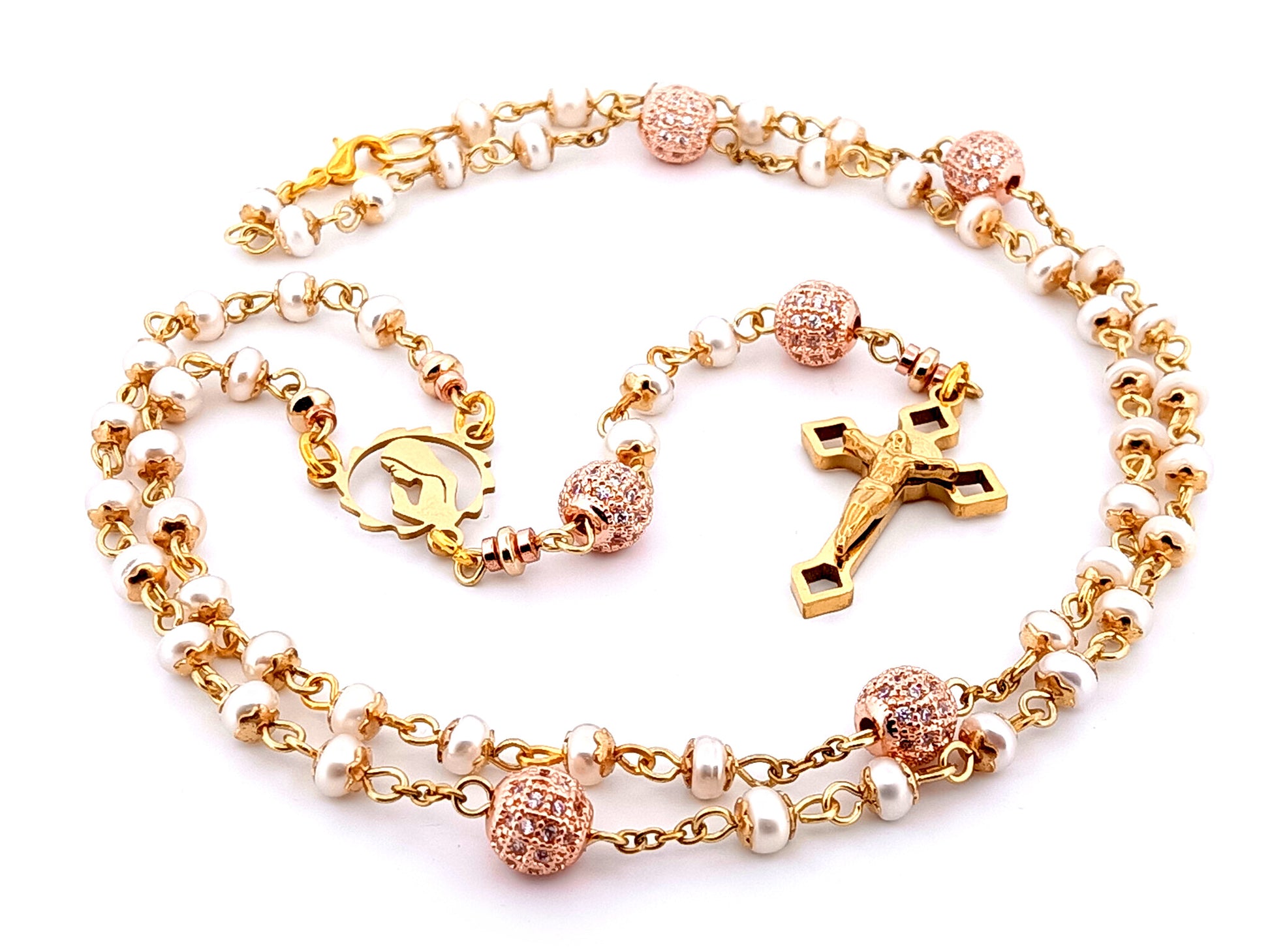 Virgin Mary unique rosary beads freshwater pearl and cubic zirconia rosary with gold plated Saint Benedict crucifix.