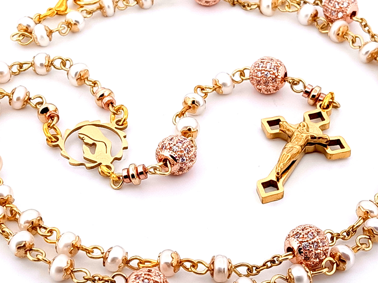 Virgin Mary unique rosary beads freshwater pearl and cubic zirconia rosary with gold plated Saint Benedict crucifix.