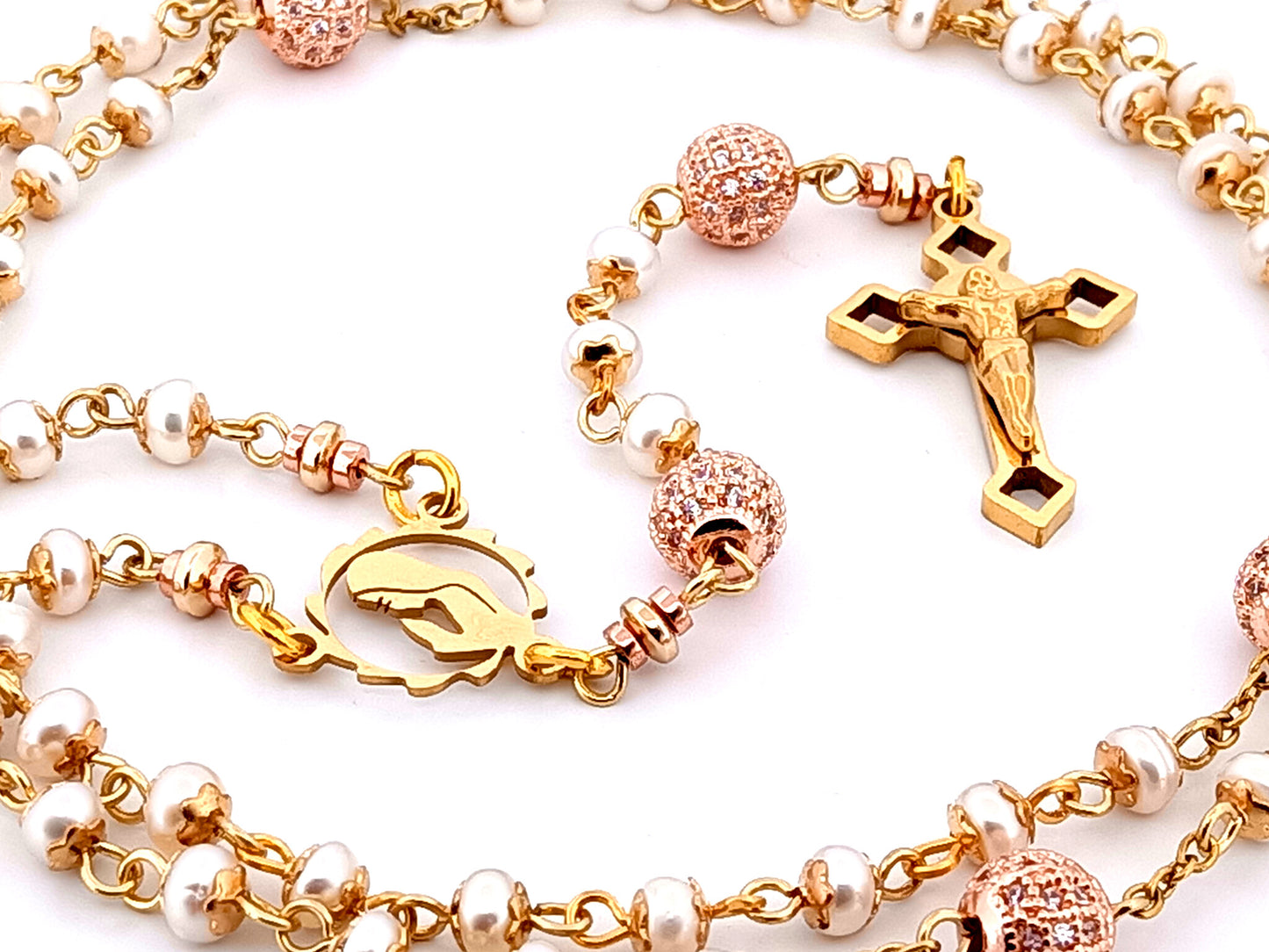 Virgin Mary unique rosary beads freshwater pearl and cubic zirconia rosary with gold plated Saint Benedict crucifix.
