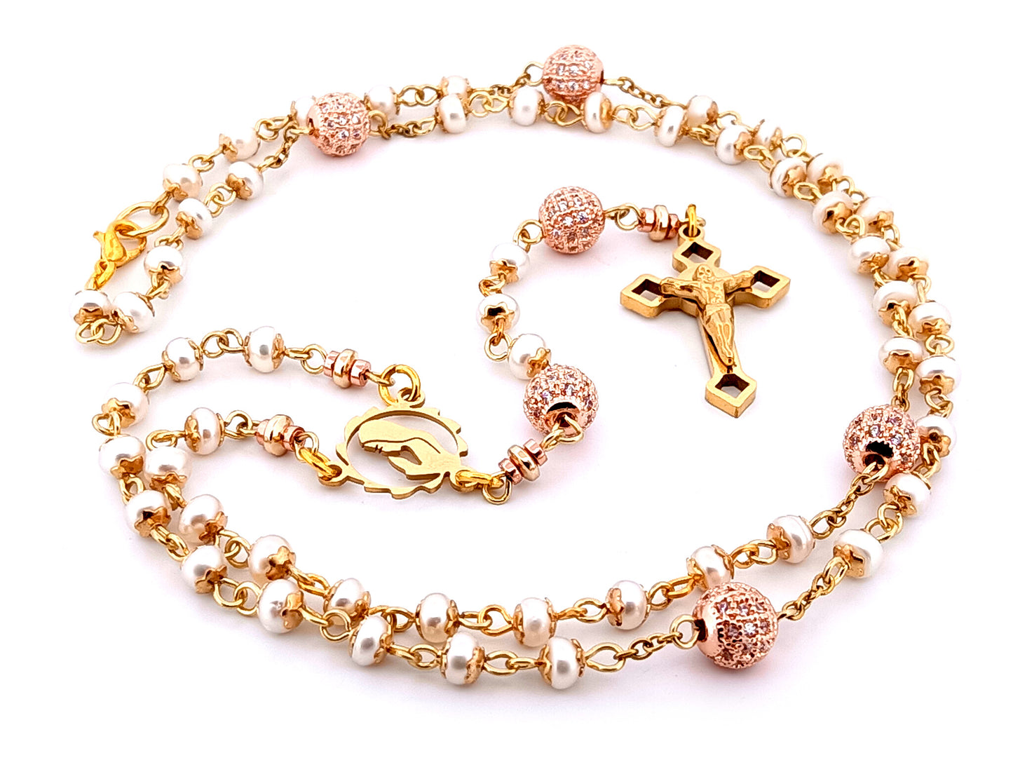 Virgin Mary unique rosary beads freshwater pearl and cubic zirconia rosary with gold plated Saint Benedict crucifix.