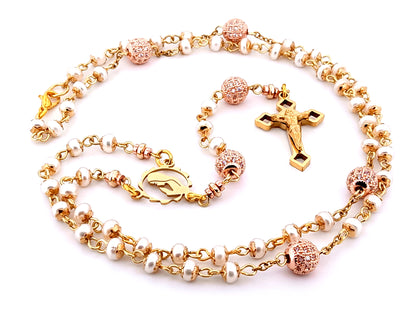 Virgin Mary unique rosary beads freshwater pearl and cubic zirconia rosary with gold plated Saint Benedict crucifix.