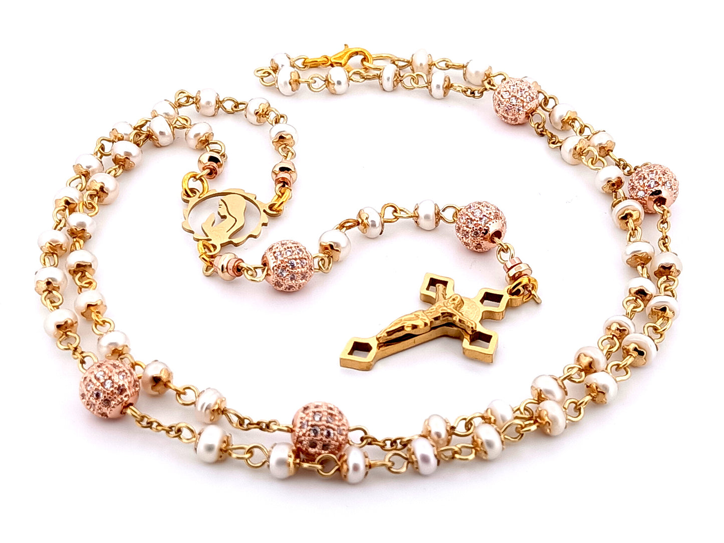 Virgin Mary unique rosary beads freshwater pearl and cubic zirconia rosary with gold plated Saint Benedict crucifix.
