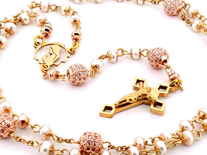 Virgin Mary unique rosary beads freshwater pearl and cubic zirconia rosary with gold plated Saint Benedict crucifix.