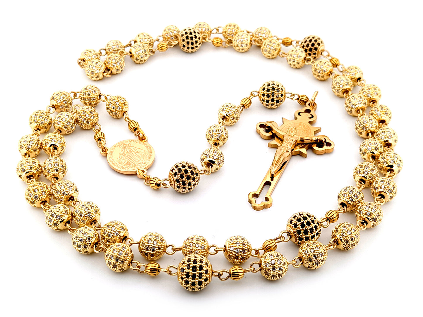 Miraculous Medal unique rosary beads 18K gold plated cubic zirconia rosary with gold plated Saint Benedict crucifix.
