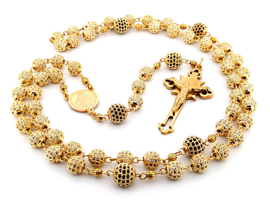 Miraculous Medal unique rosary beads 18K gold plated cubic zirconia rosary with gold plated Saint Benedict crucifix.