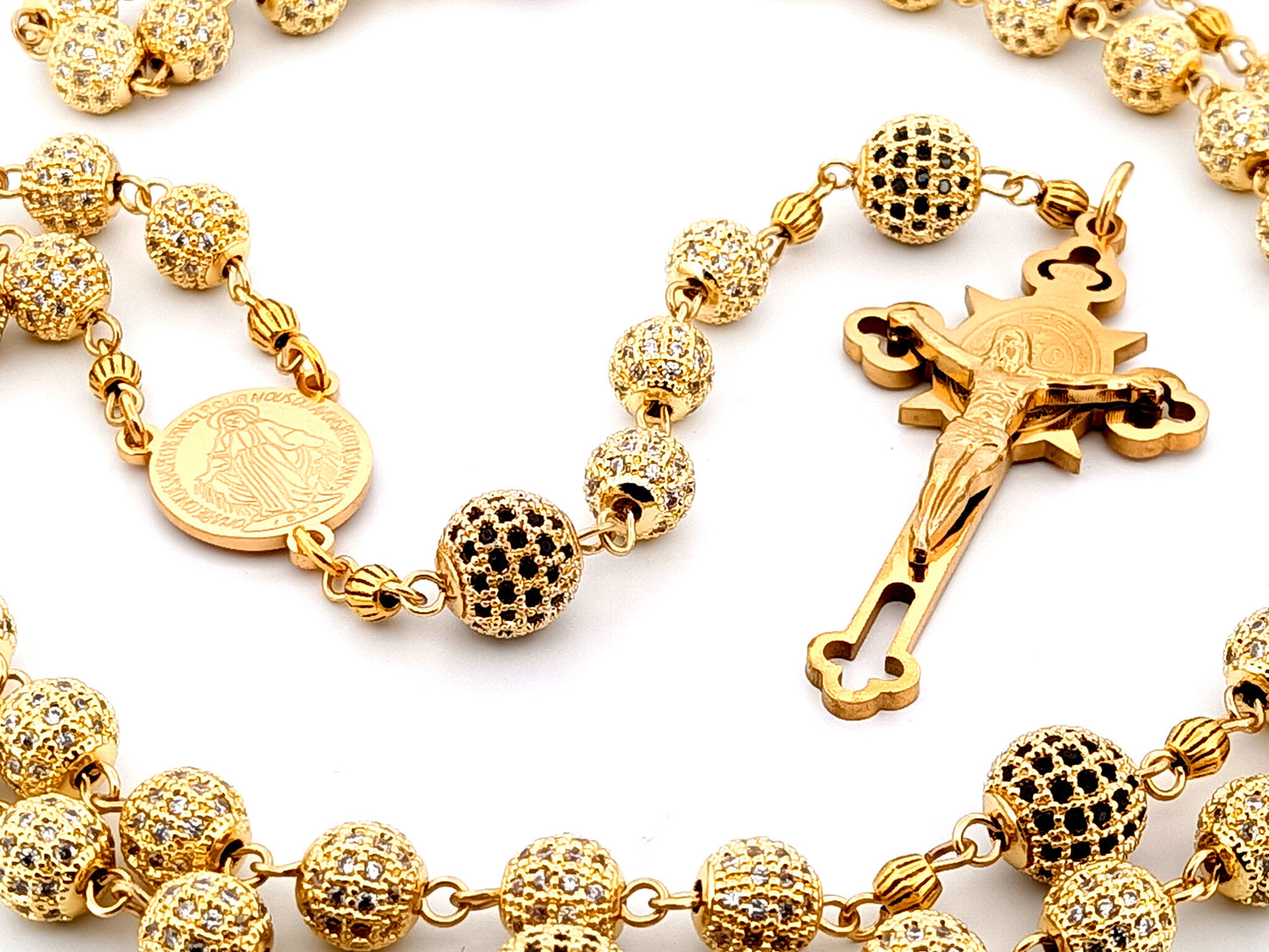 Miraculous Medal unique rosary beads 18K gold plated cubic zirconia rosary with gold plated Saint Benedict crucifix.