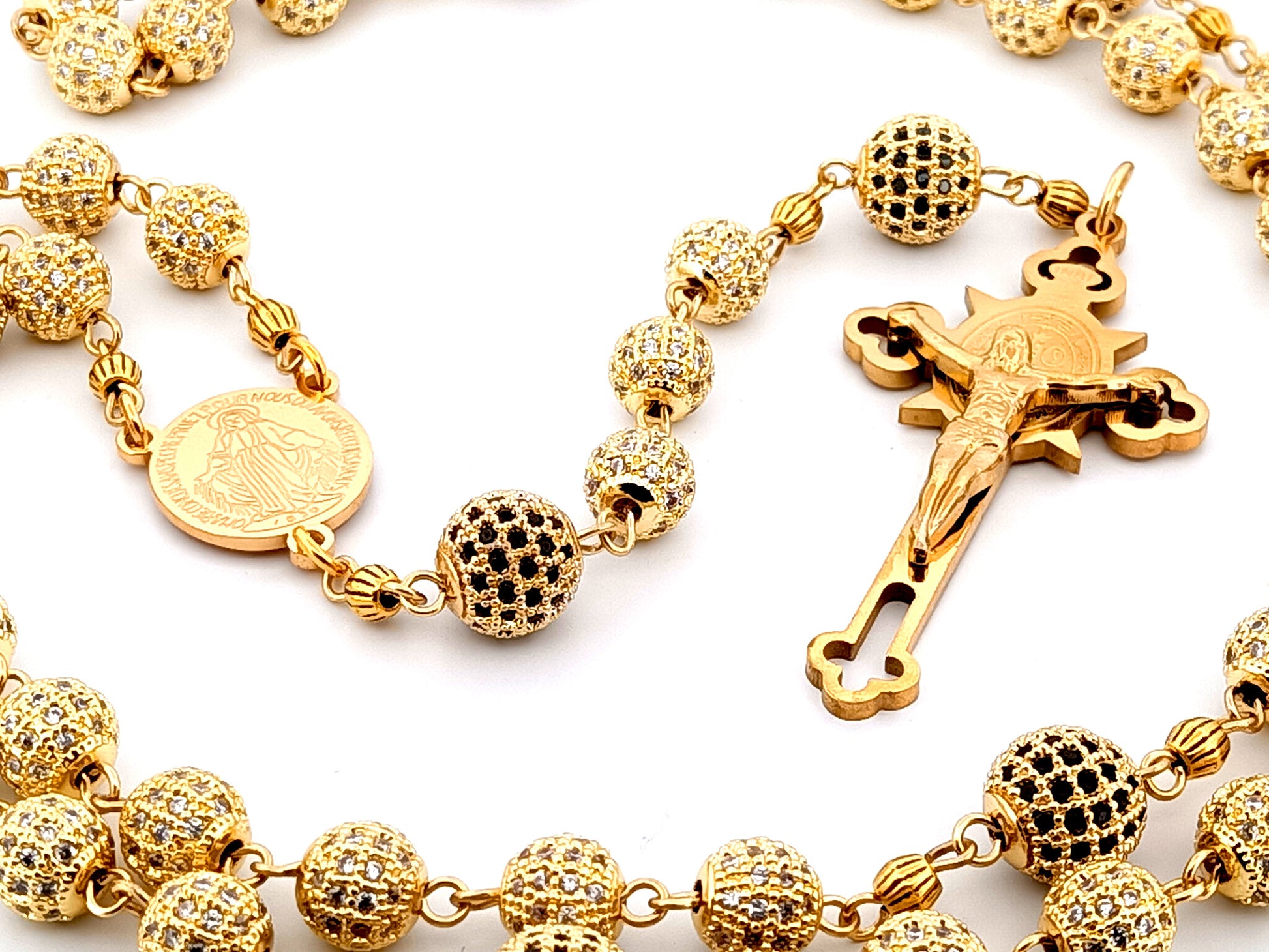 Miraculous Medal unique rosary beads 18K gold plated cubic zirconia rosary with gold plated Saint Benedict crucifix.