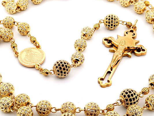 Miraculous Medal unique rosary beads 18K gold plated cubic zirconia rosary with gold plated Saint Benedict crucifix.
