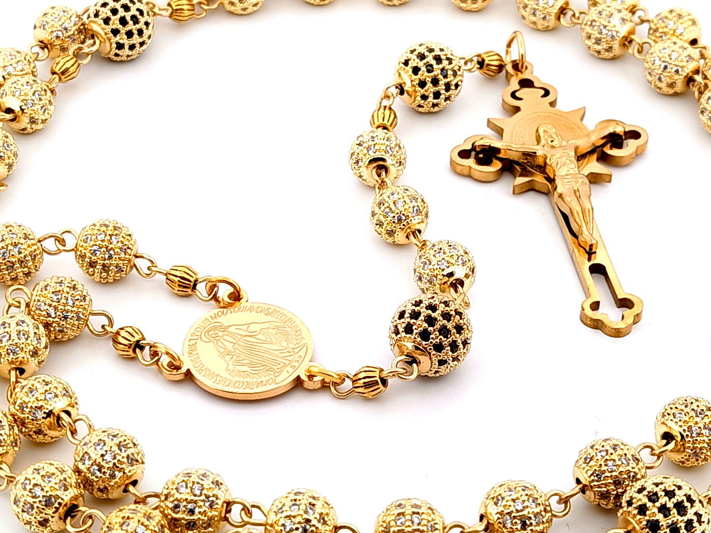 Miraculous Medal unique rosary beads 18K gold plated cubic zirconia rosary with gold plated Saint Benedict crucifix.