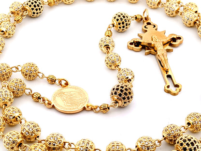 Miraculous Medal unique rosary beads 18K gold plated cubic zirconia rosary with gold plated Saint Benedict crucifix.