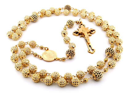Miraculous Medal unique rosary beads 18K gold plated cubic zirconia rosary with gold plated Saint Benedict crucifix.