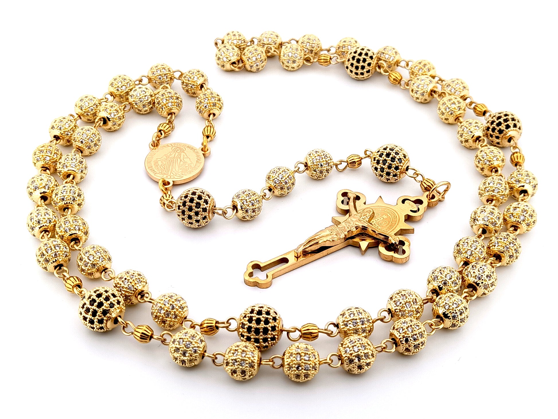 Miraculous Medal unique rosary beads 18K gold plated cubic zirconia rosary with gold plated Saint Benedict crucifix.