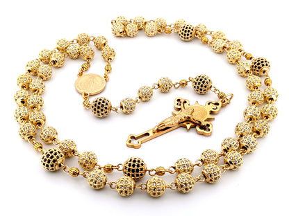 Miraculous Medal unique rosary beads 18K gold plated cubic zirconia rosary with gold plated Saint Benedict crucifix.