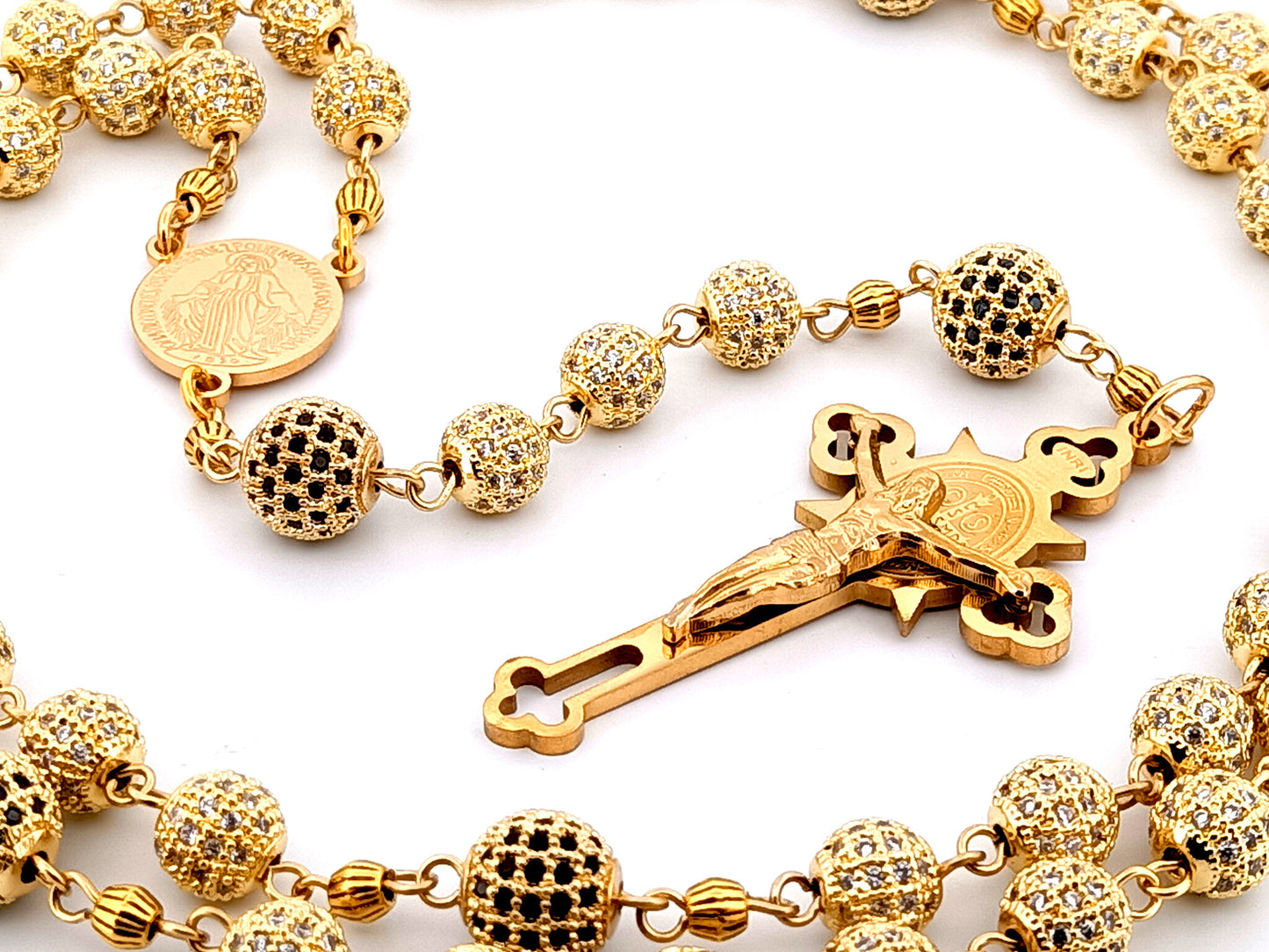 Miraculous Medal unique rosary beads 18K gold plated cubic zirconia rosary with gold plated Saint Benedict crucifix.