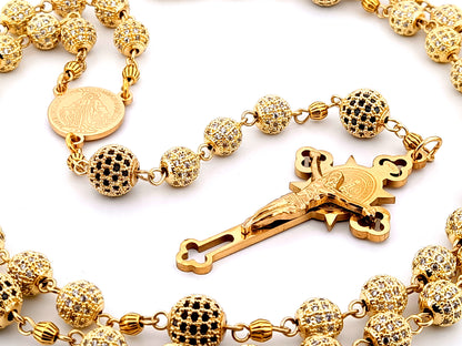 Miraculous Medal unique rosary beads 18K gold plated cubic zirconia rosary with gold plated Saint Benedict crucifix.