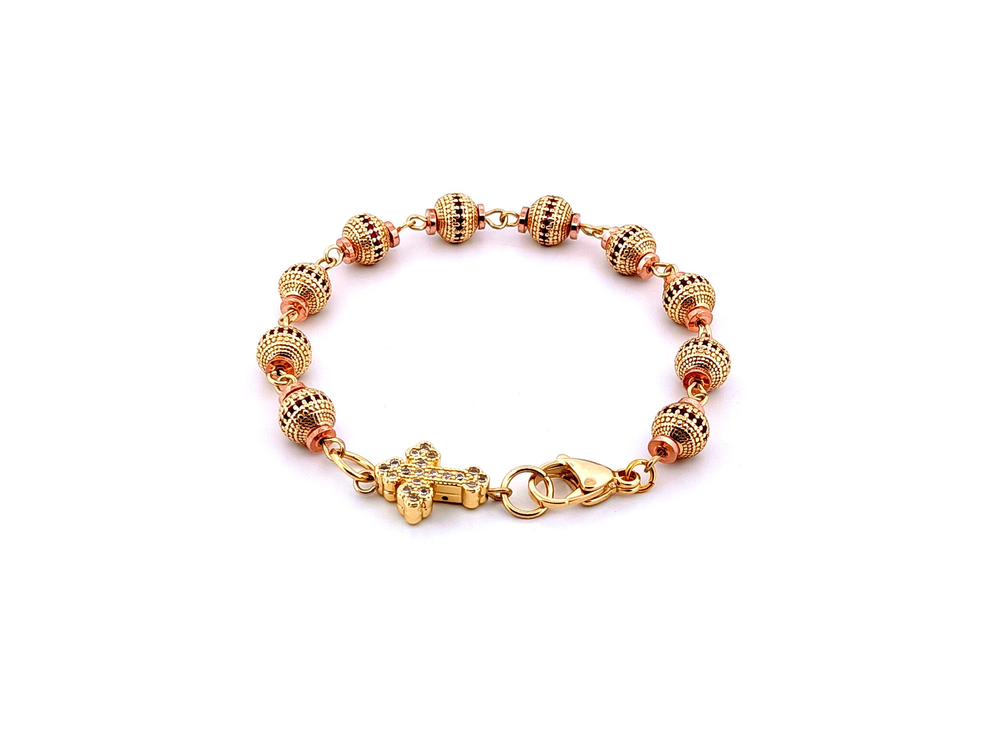 Unique rosary beads Cubic Zirconia 18K gold plated single decade rosary bracelet with gold plated cubic zirconia cross.