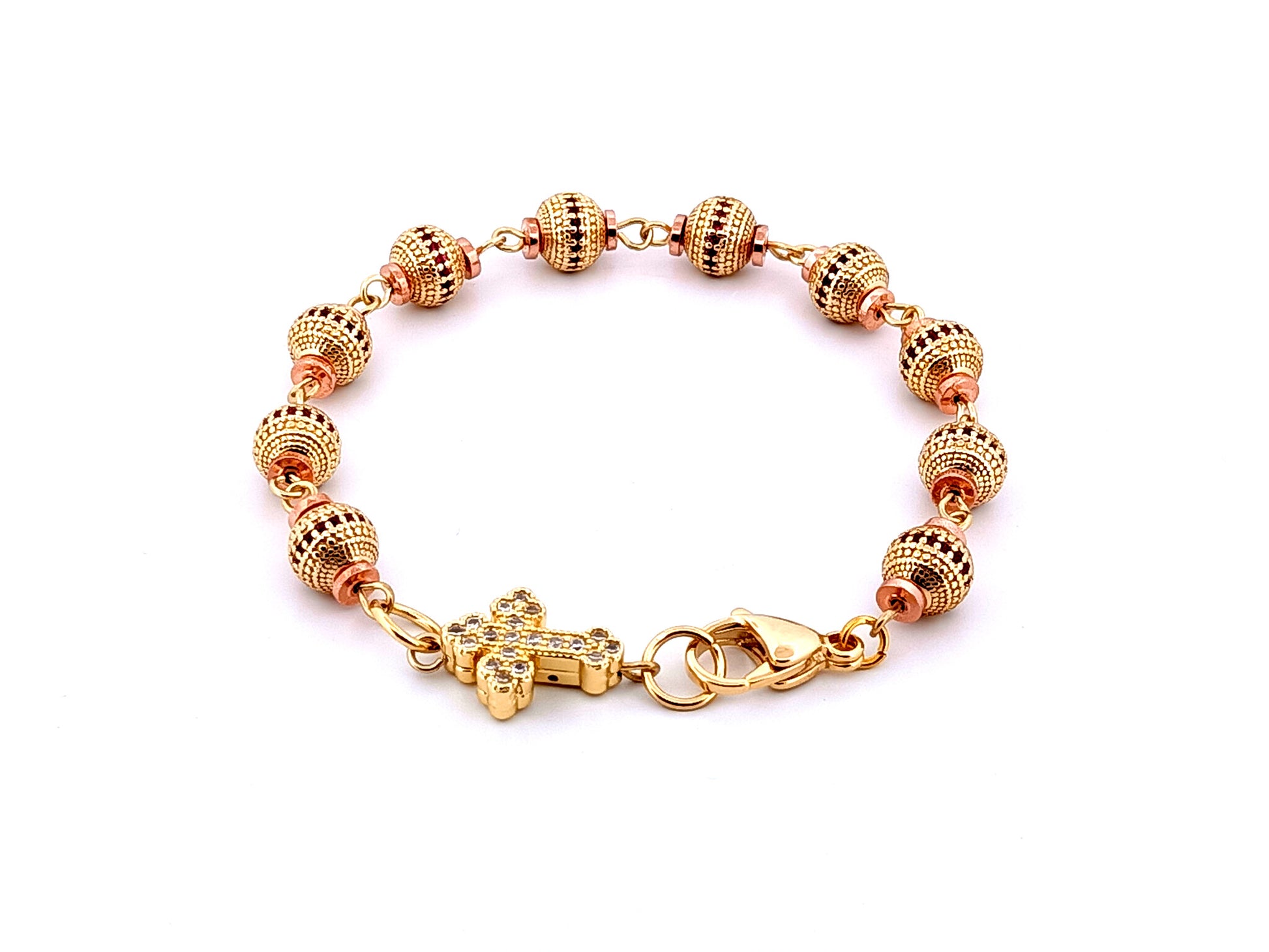 Unique rosary beads Cubic Zirconia 18K gold plated single decade rosary bracelet with gold plated cubic zirconia cross.
