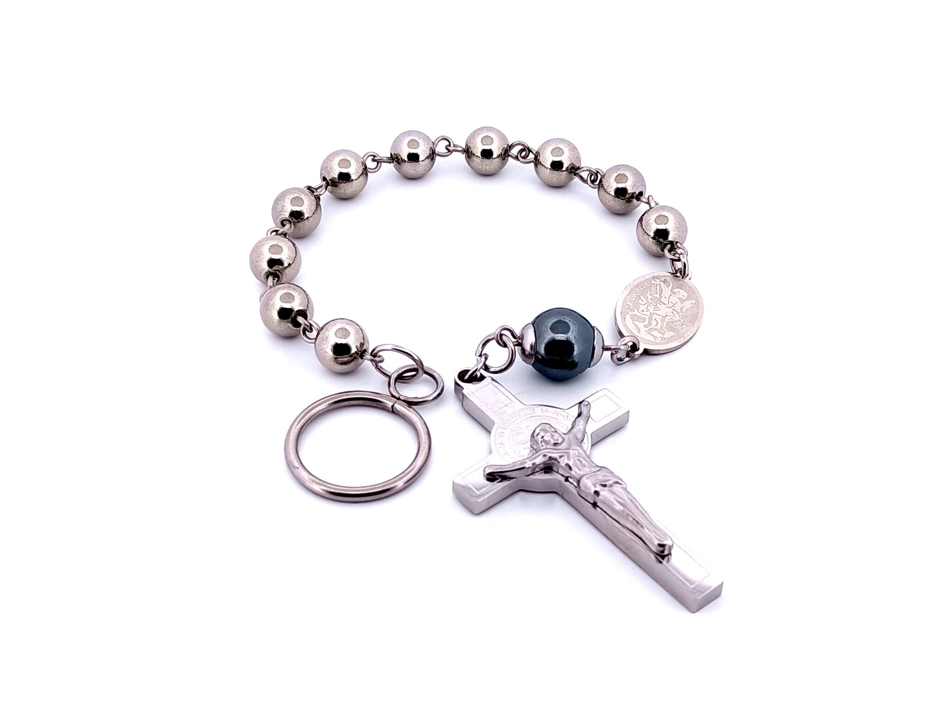 Saint Michael unique rosary beads stainless steel single decade rosary beads with stainless steel Saint Benedict crucifix.