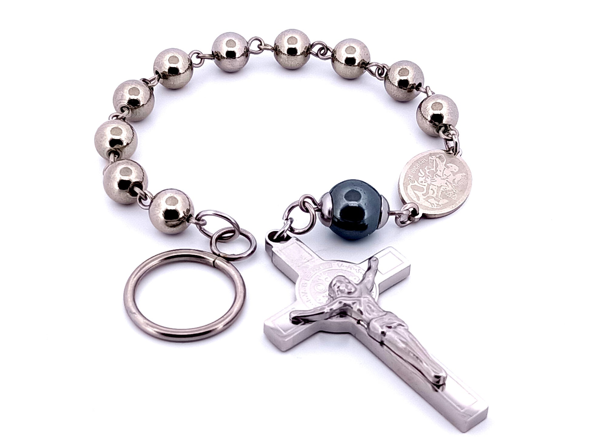 Saint Michael unique rosary beads stainless steel single decade rosary beads with stainless steel Saint Benedict crucifix.