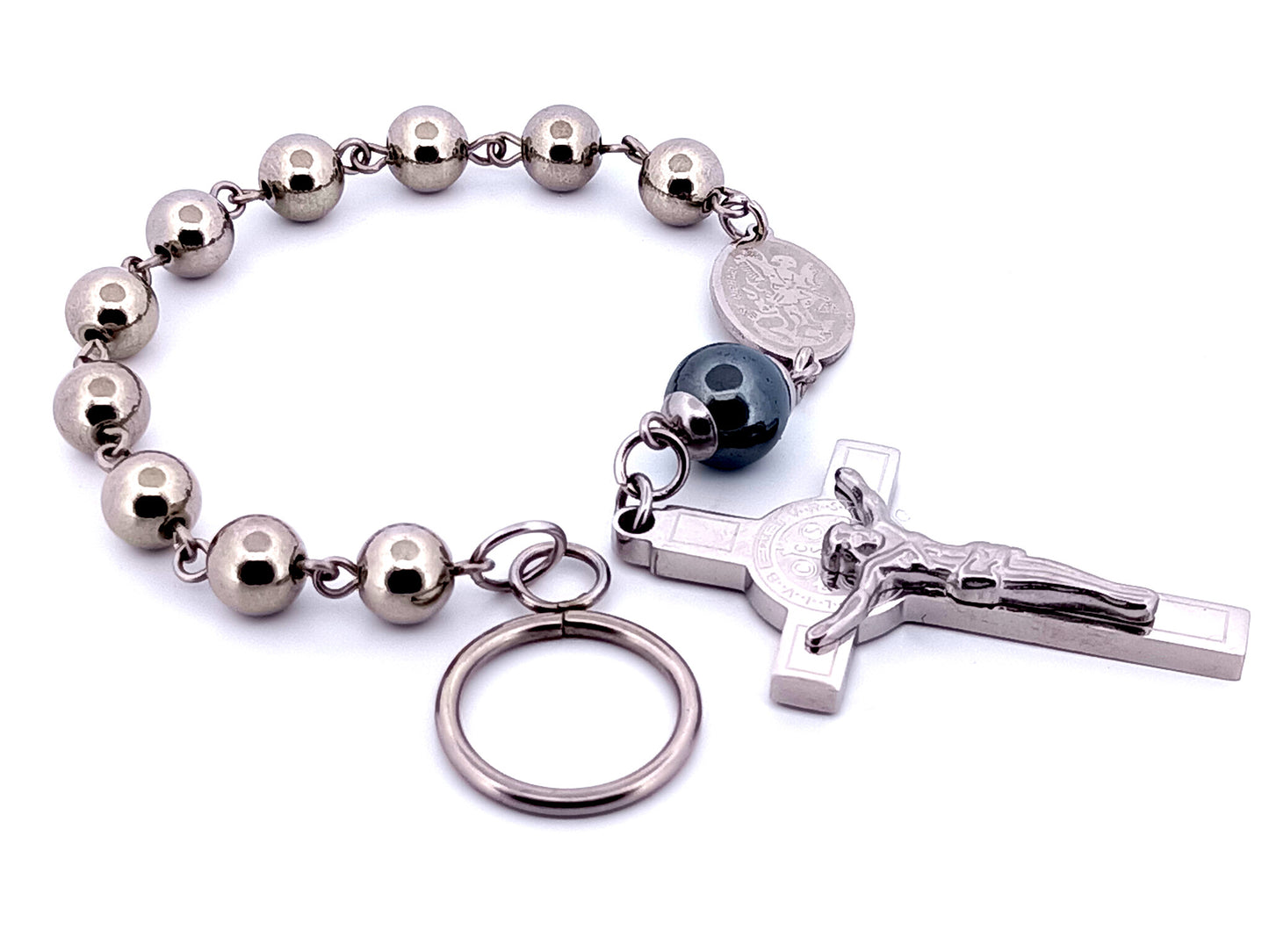 Saint Michael unique rosary beads stainless steel single decade rosary beads with stainless steel Saint Benedict crucifix.